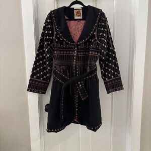 Paparazzi by Bizz Wool Blend Embroidered Belted Trench Coat‎ Jacket XL Bohemian